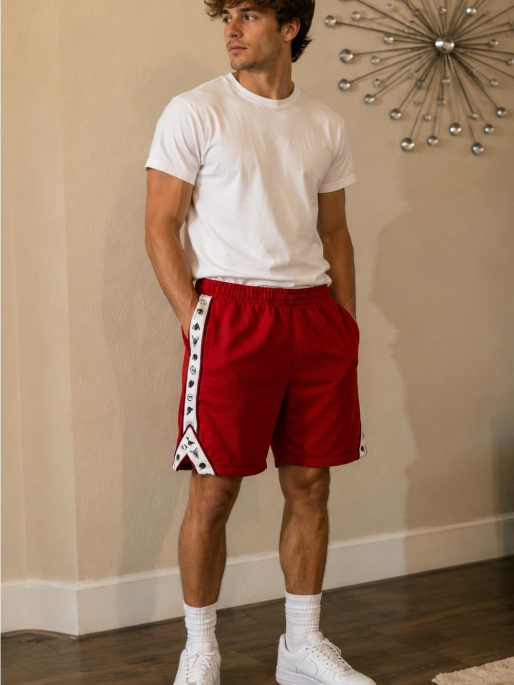 Women's Red Athletic Shorts with Side Trim